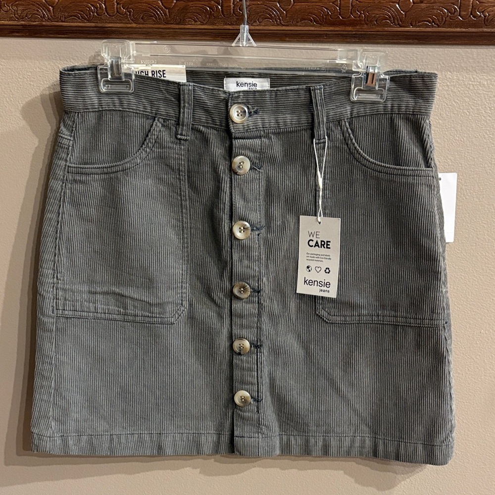 Kensie teal slate green corduroy Button-Front Mini Skirt high rise 100% cotton 6